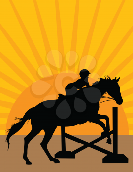 Silhouette of a child jumping a horse against an orange sunset background