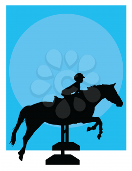 Silhouette of a child jumping a horse against a blue background