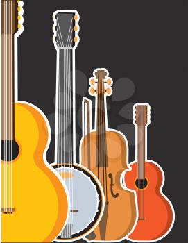 A border or frame featuring several stringed instruments - a guitar,banjo,violin and a ukulele