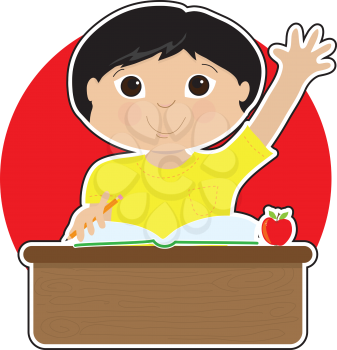 A little Asian boy is raising his hand to answer a question in school - there is a book and an apple on his desk