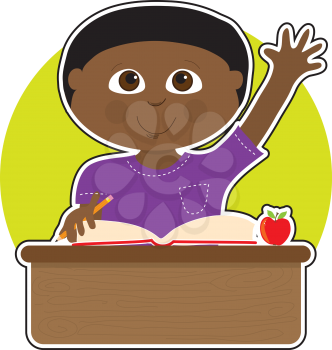 A little Black boy is raising his hand to answer a question in school - there is a book and an apple on his desk