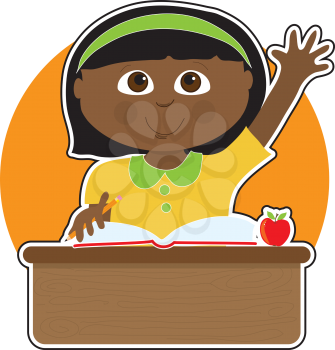 A little Black girl is raising her hand to answer a question in school - there is a book and an apple on her desk