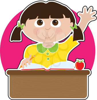 A little girl is raising her hand to answer a question in school - there is a book and an apple on her desk