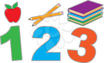 With a colorful grade school theme, this graphic has the numbers 1, 2 and 3 underlining an apple, pencils and books.
