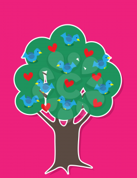 A tree with thick foliage is filled with blue colored birds and red hearts, over a pink background.