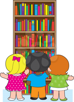 Three young school children are picking out colorful books from a towering bookcase.
