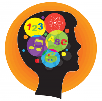 A profile silhouette of a young person, with a head full of ideas represented by colorful icons.