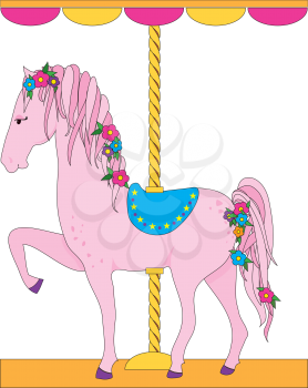 A lovely pink carousel horse, with a flowing mane and tail adorned with flowers, is sporting a blue saddle.