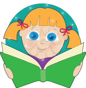 A bright eyed girl in pigtails is fascinated by the contents of the open book she is reading.
