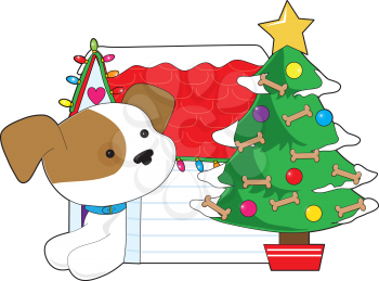 A cute dog looks out from the doorway of it's dog house to see a Christmas tree decorated with ornaments and dog bones. 