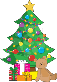 A Christmas tree decorated with ornaments and a star, has wrapped gifts and a teddy bear around it's base. 