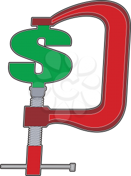 A red clamp has a green dollar sign tightly screwed in place and is putting the squeeze on it.