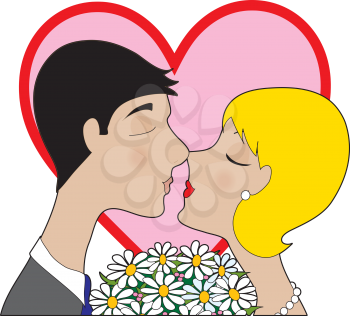 A male and female couple kissing, with a bouquet of daisies between them and a large red and pink heart behind them.