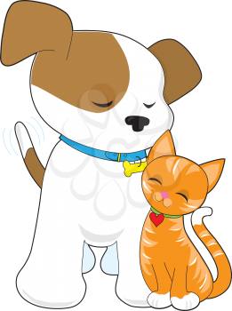 A cute puppy with tail wagging, fondly gazes on his little friend, a marmalade kitty cat.