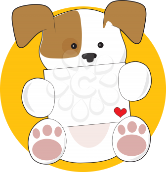 A cute brown and white puppy, on a circular yellow background, is holding a letter with a small heart in the corner.