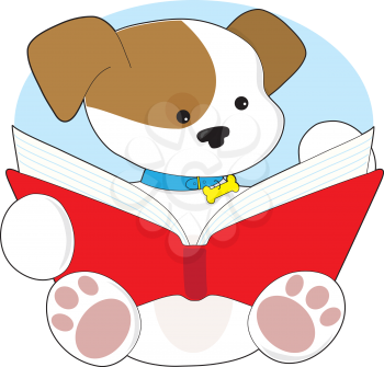 A cute puppy wearing it's blue collar with bone attached, is sitting and reading from a big red book.
