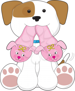 A cute smiling puppy is holding out a pair of pink slippers in its mouth.