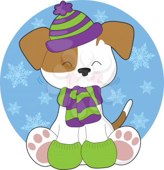 A cute, shaking puppy wearing a toque, scarf and mitts, sits in front of a circular blue background filled with snowflakes.