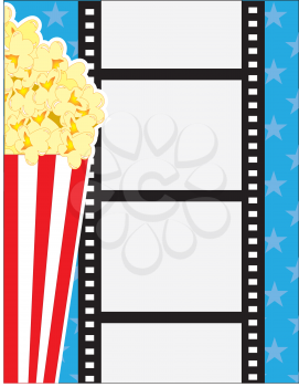 A cinematic background, with popcorn in a red striped carton and a vertical film strip, over a blue background.