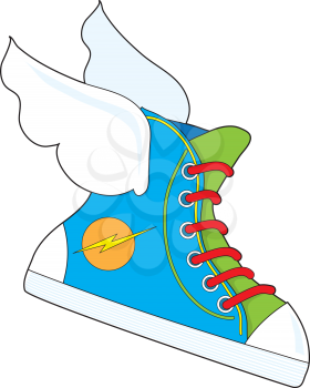 A multi colored sneaker with a lightning bolt logo, has wings attached giving it the power of flight.