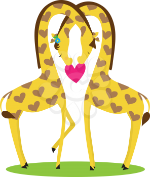 Two giraffes, male and female,  nestled together in the shape of a heart, above a red heart.
