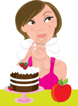 An attractive brunette in a pink dress, is trying to decide between an apple and a strawberry shortcake.