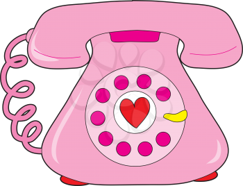 A pink telephone with a heart in the centre of the rotary dial.