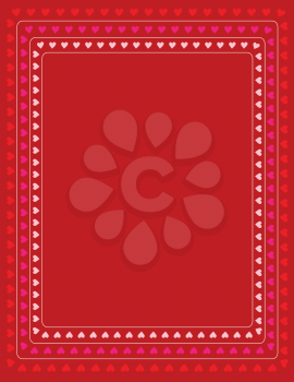 A red background with concentric rows of small hearts in variegated colors, bordering the page.
