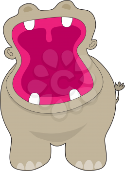 A front view of a hippopotamus, with it's red mouth wide open, displaying four large ivories. 