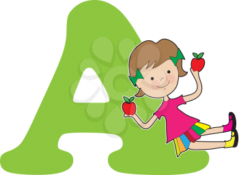 A young girl holding apples to stand for the letter A