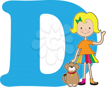A young girl holding a dog to stand for the letter D