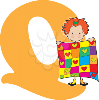A young girl holding a quilt to stand for the letter Q