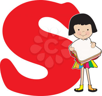A young girl holding a sandwich to stand for the letter S