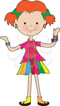 A brightly dressed young girl, is adorned with some very colorful jewelry.