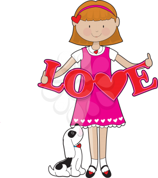 A little girl in a pink dress with a puppy at her feet, holds big red cut-out letters, spelling the word LOVE.