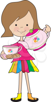 A brightly dressed young girl, is serving tea and cookies using a colorful tea set.