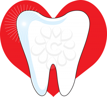 A sparking image of a healthy molar, set on a red heart background.