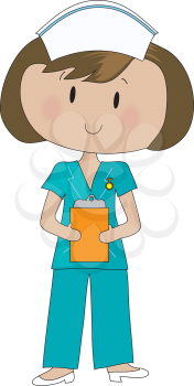 A neat and tidy nurse in green scrubs, is holding her clipboard.
