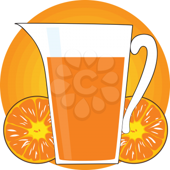 A glass pitcher of orange juice, is backstopped by an open faced, halved orange and a golden sun.