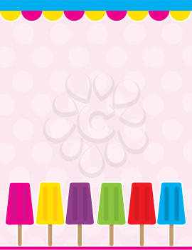 An illustrated background with plenty of color; a scalloped border at the top, with a row of different color popsicles along the bottom.