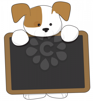 A cute brown and white puppy is holding a wooden frame blackboard, that is nearly as big as the puppy.