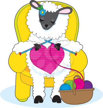 A ewe is in a yellow armchair, knitting a big red heart.