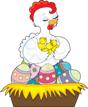 Royalty Free Clipart Image of a Chicken on Easter Eggs