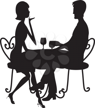 Royalty Free Clipart Image of a Silhouette of a Couple Having Wine at a Bistro Table