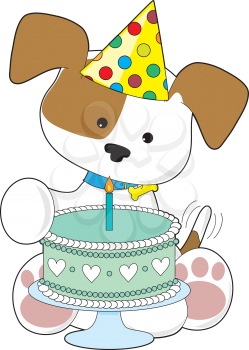 Royalty Free Clipart Image of a Dog With a Birthday Cake