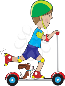 Royalty Free Clipart Image of a Boy and a Dog on a Scooter
