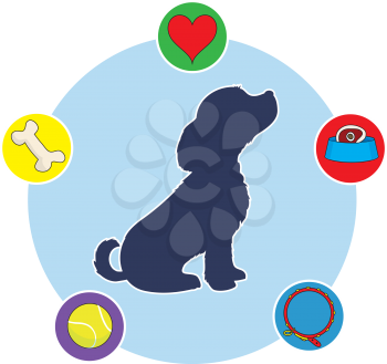 Royalty Free Clipart Image of a Little Puppy Surrounded by Dog Items