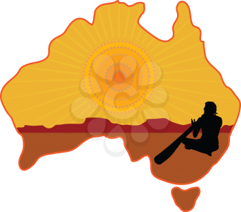 A stylized map of Australia with a silhouette of an aboriginal playing a didgeridoo