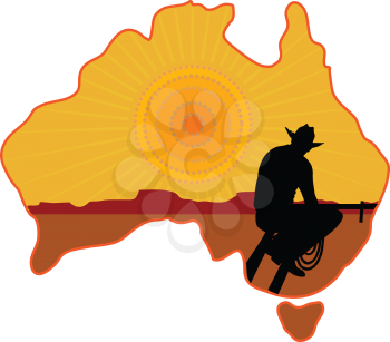 A stylized map of Australia with a silhouette of a rancher or cowboy sitting on a fence looking at the sunset