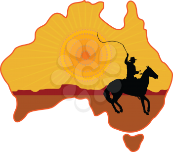 A stylized map of Australia with a silhouette of a rancher or cowboy sitting on a horse with a whip in his hand
